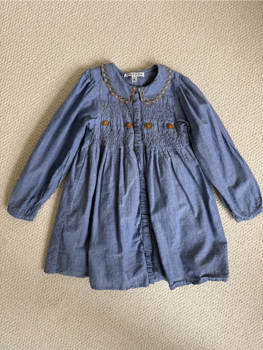 Emile et Ida Girls Chambray Embroidered Dress 8Y